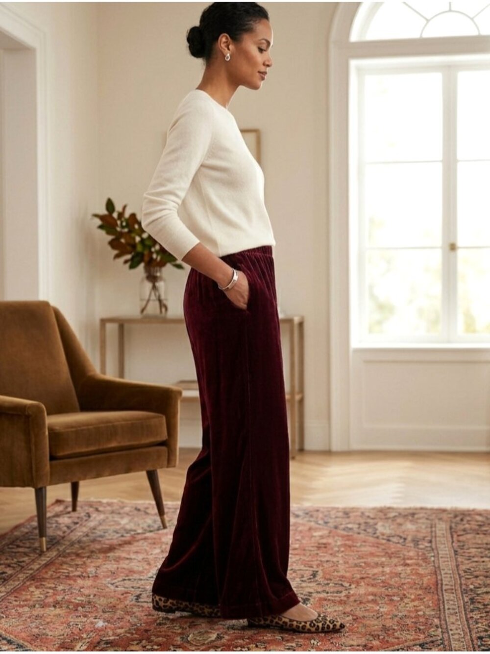 Sundance Burgundy Velvet Wide Leg Pull On Pants Women Size XL Rayon Silk Pockets